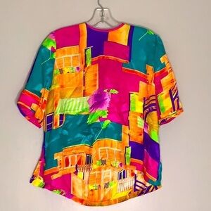NWT Vintage Linda McMillan Silk Bold Print Blouse 14 women’s neon